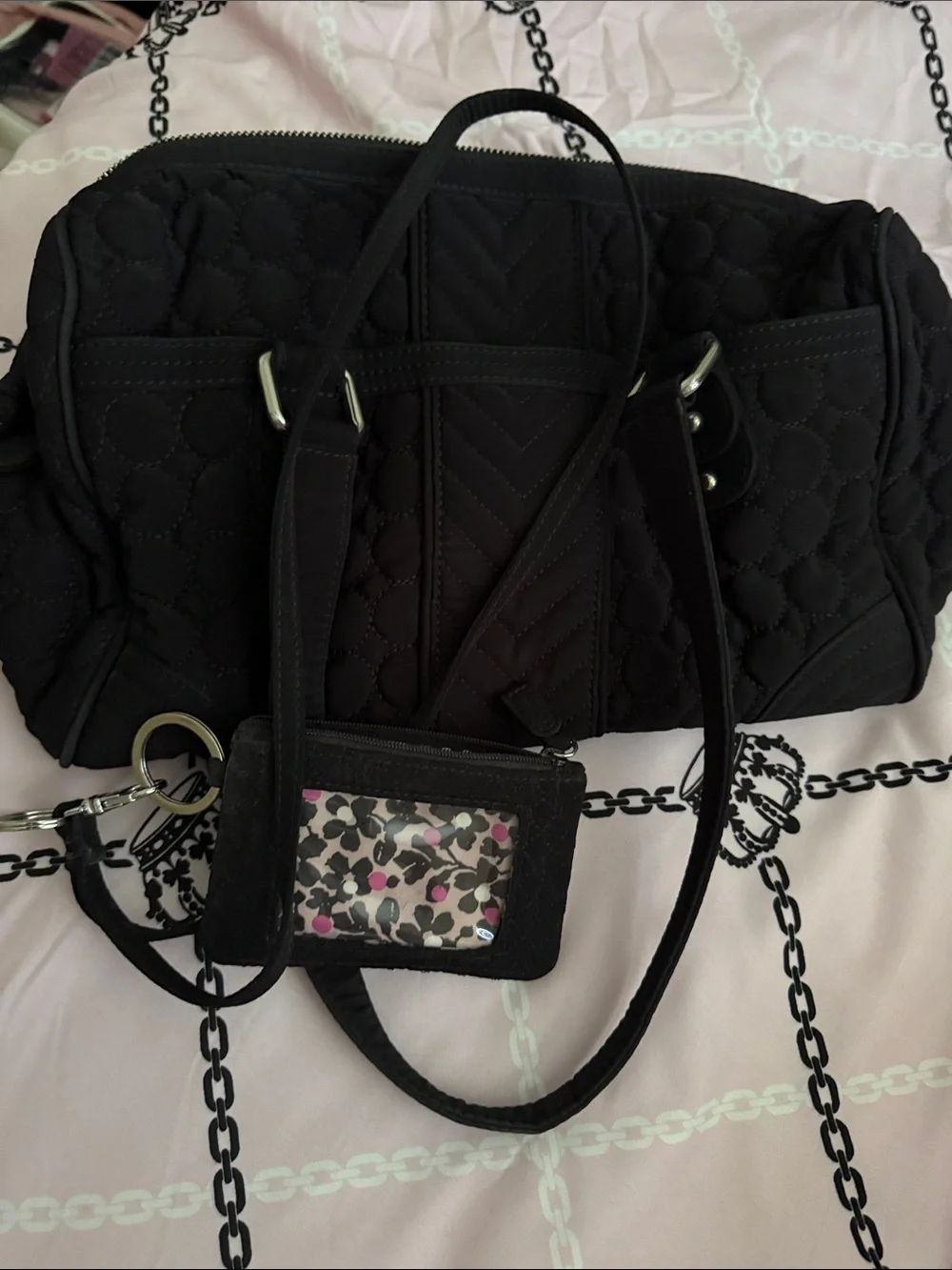 Vera Bradley Black Quilted Satchel with Floral Lining and lanyard